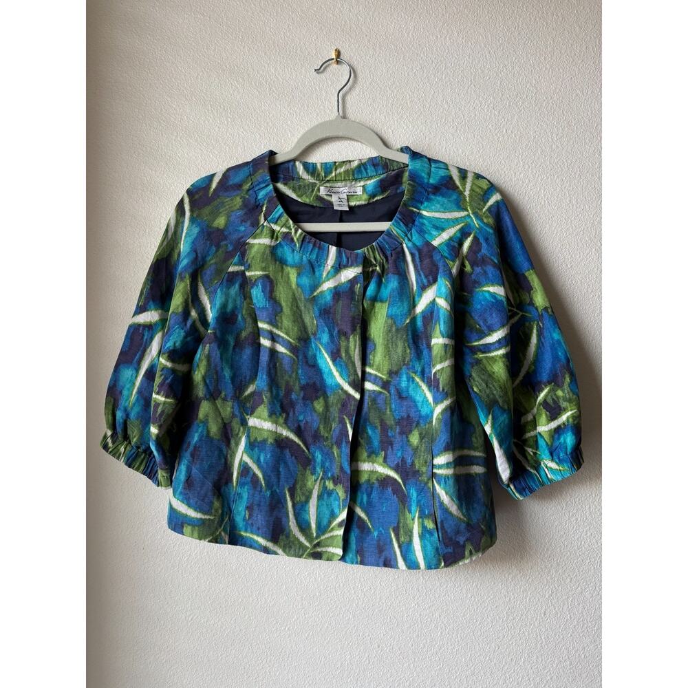 Kenneth Cole Linen Silk Watercolor Studio Jacket 8P 3/4 Sleeve Artsy Tropical